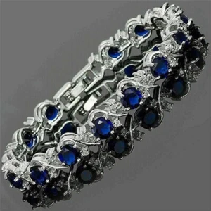8.00 Ct Round Cut Blue Sapphire & Diamond Tennis Bracelet 14K White Gold Finish - Picture 1 of 4
