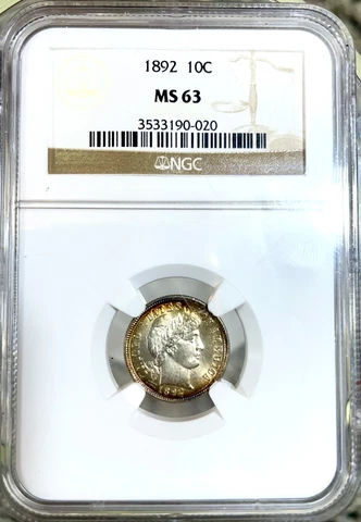 1892 Barber Dime, NGC MS-63, Gold Toning, Rarity 4.0 Cover
