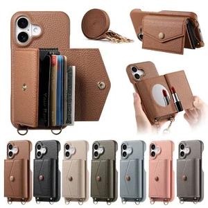 Funda tipo billetera para tarjetas para iPhone 16 15 14 13 12 11 Pro Max con correa y cubierta con espejo - Imagen 1 de 19