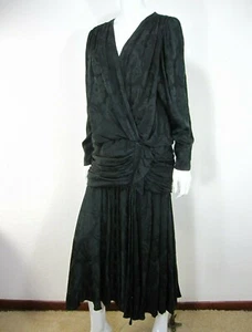 Vintage SAINT ROMEI Pure Silk Black Midi Dress Size L Drop Waist - Picture 1 of 12
