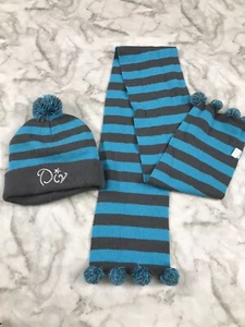 Diva Beanie Winter Hat w/ Scarf GRAY Blue SET 2 UNISEX Stripe Pom Pom 7-14 YRS - Picture 1 of 5