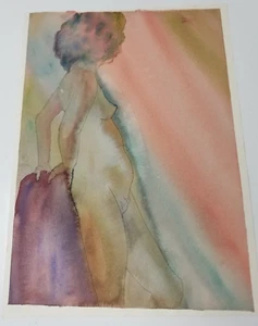 Nude Pregnant Woman Leaning Watercolor Muted Rainbow Sky 1978 Afro Hair 1970s - Picture 1 of 7