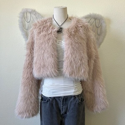 Soft Girl Pink Faux Fur Cropped Jacket Angelcore boho grunge babydoll open front - Image 1 of 4