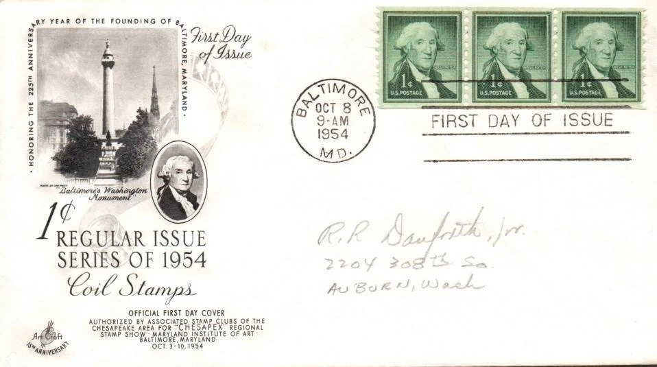 Stamps First Day Cover Art Craft 1 Cent Geo. Washiongton Dated 10-8-1954 - Image 1 of 1