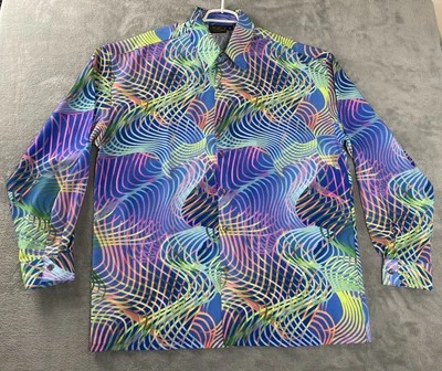 Monzini Collection Crazy Colorful Striped Abstract Geometric Button Shirt Men XL - Image 1 of 4