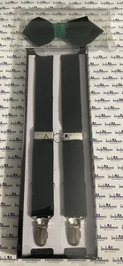 ArGail Solid Dark Green Suede Pre-Tied Clip-On Suspenders & Bowtie Set BRAND NEW - Picture 1 of 4