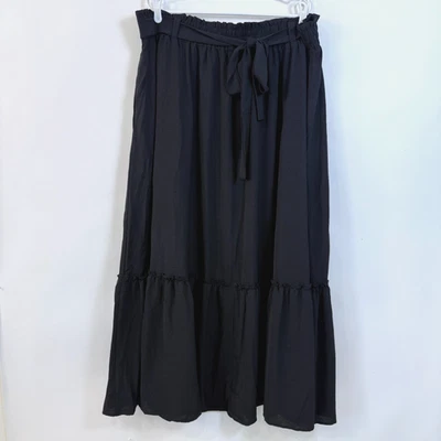 Maxi Falda Negra en Niveles Talla 4X Elastizada Cintura Bolsillos Cinturón Fluida Ligera Foto 1 de 4