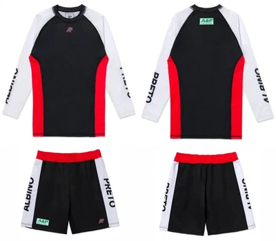 New Albino and Preto Accelerate Rash Guard LS (White-Black-Red) & Fitted Shorts - Image 1 of 4