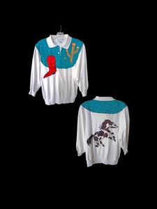 Vintage weißes Langarm Poloshirt mit einzigartigem Westernmotiv Boot Cactus Horse - Bild 1 von 8