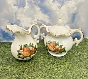 Vintage Florida Ceramic Cream Sugar Set Oranges Gold Trim Kitchen Decor - Foto 1 di 12