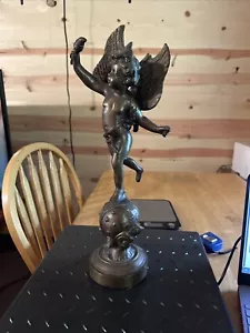 Stunning Antique Bronze Cherub Statue Cupid Figurine 17.5” Tall Sculpture. 7 Lb. - Picture 1 of 11
