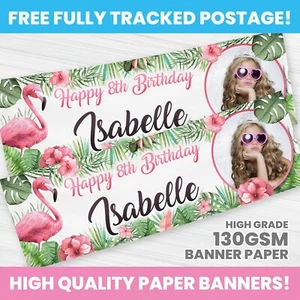 PERSONALISED FLAMINGO PHOTO BIRTHDAY BANNER ANY NAME PARTY DECORATION - Picture 1 of 3