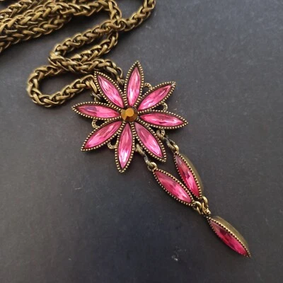 Collar Michal Negrin Lariat Rosa Caliente Grandes Flores Cristales Grueso Margarita Gota en Y Foto 1 de 4