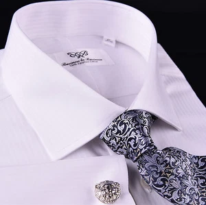 Men's White Twill Stripe Every Dress Shirt Formal Business Boss French Cuff Boss - Picture 1 of 12