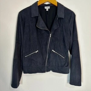 Disney Signed Moto Jacket Faux Suede Full Zip Pockets Black Girls L Large 14/16 - Picture 1 of 4