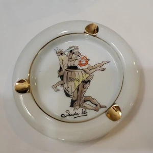 1950's TRADER VIE Ashtray White Black Gold Paint Men On Rum Barrel Partying Vtg - Picture 1 of 4