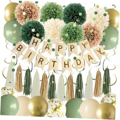 Decoraciones verdes de fiesta de cumpleaños para mujeres niñas con feliz cumpleaños verde salvia Foto 1 de 4