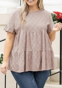 NEW - Womens Plus Size 22/24 Pink Boho Chic Eyelet Babydoll Boutique Top - Picture 1 of 16