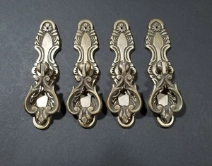 4 x tear drop brass handle pulls w. screws 3 3/4" floral backplate vert/horz #H9 - Picture 1 of 11