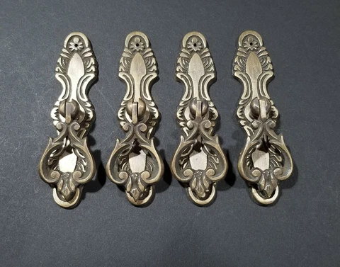 4 x tear drop brass handle pulls w. screws 3 3/4" floral backplate vert/horz #H9 Cover