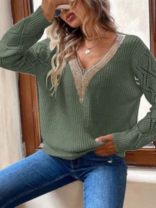 S-XL Damen Pullover Modisch Gestrickt Langärmelig Oberteil V-Ausschnitt Freizeit - Bild 1 von 9