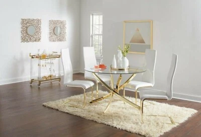 5 PC GLAM ROUND GLASS GOLD DINING TABLE WHITE LEATHERETTE CHAIRS FURNITURE SET - Image 1 of 4