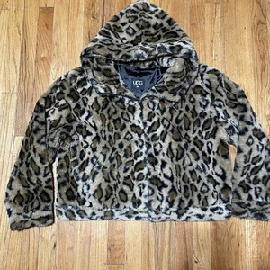 UGG Elaina Sherpa Faux Fur Zip-up Jacket Cliff Multi Women's Size L Cheetah - Picture 1 of 7