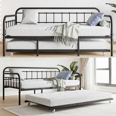 Marco de sofá cama de metal tamaño doble con nido, plataforma de listones de acero con cabecero Foto 1 de 4