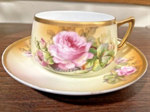 Antike H&C Bavaria Germany signierte handbemalte Teetasse & Untertasse Rosen & Gold - Bild 1 von 6