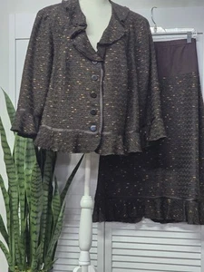 Doncaster Collection Brown Tweed Ruffled Silk Trim Jacket Blazer & Skirt Set 3X - Picture 1 of 7