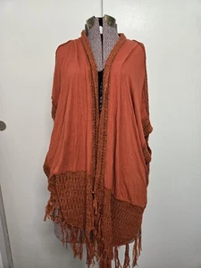 Cardigan kimono drappeggio orlo frange spiaggia boho arancione ruggine Umgee taglia media/grande - Foto 1 di 5