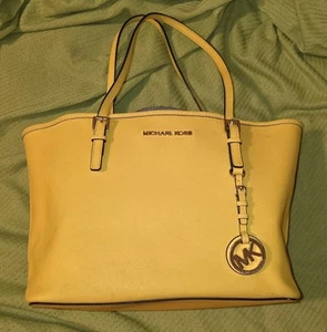 Michael Kors Charlotte Yellow/Gold Leather Tote, Shoulder Bag w Double Handles - Picture 1 of 17