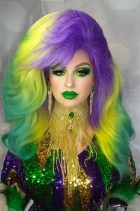 Show Perücke Wig Samba,Lila,Gelb,Grün,Farbverlauf,Travestie,Drag Queen,CSD,Neu - Bild 1 von 11