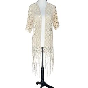 Crochet Lace Kimono Fringe Overcoat Small Cream Western Boho Cardigan Open Front - Picture 1 of 9