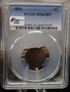 Centavo pequeño cabeza india 1866. Clasificado PCGS MS63 BN. Tienda #GCT003 - Imagen 1 de 3