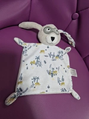 Doudou plat lapin IKKS blanc masque gris imprimé tigre palmier jaune TTBE - Photo 1/2