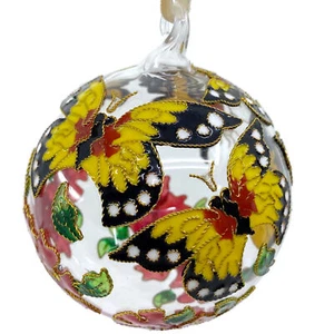 Cloisonne Butterfly Glass Ball Ornament, Gift Boxed Yellow Monarch Decoration - Picture 1 of 5