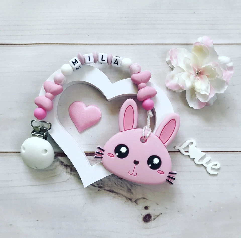 Schnullerkette Schnullerband Nuckelkette Beißkette Beißring rosa weiß Silikon - Bild 1 von 1