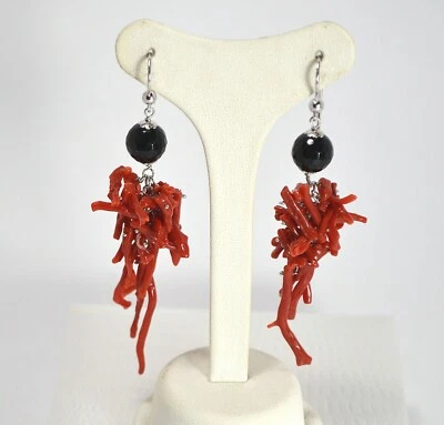 ORECCHINI  ARGENTO 925 CON CORALLO ROSSO FRANGE E ONICE              -AGHT 0186- - Immagine 1 di 3