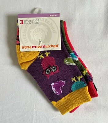 New 3 pack Single Socks Little Miss Matched Girls Socks Ages 4 - 9 - Image 1 of 2