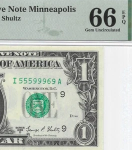1969D $1 MINNEAPOLIS FRN. PMG GEM Uncirculated 66 EPQ Banknote. Fancy Serial # - Picture 1 of 3