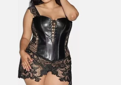 DREAMGIRL BEYONCE NEGRO IMITACIÓN CUERO Y ENCAJE VENECIA CORSÉ, VESTIDO BUSTIER (TALLA: 44) Foto 1 de 4