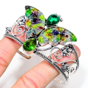 Dichroic Glass,Diopside Gemstone 925 Sterling Silver Cuff Bracelet Adjustable z9 - Picture 1 of 7