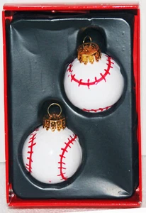 CHRISTMAS ORNAMENT BASEBALL 2 TWO EACH BOX GLASS BALLS STITCHES HANGING WIDE - Picture 1 of 1