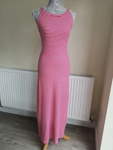 Next Jersey Striped Maxi Dress 10 Pink Strappy Ribbed Summer Stretchy - Picture 1 of 6