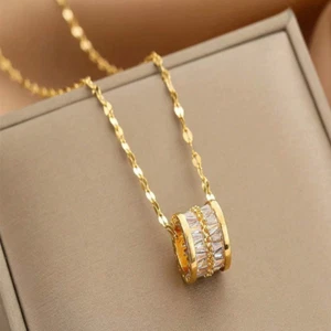 Women Necklace Cubic Zircon Pendant 18K Gold Plated Stainless Steel Jewelry Gift - Picture 1 of 4
