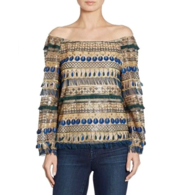 Alice + Olivia Top M Mediano Festivo Azul Dorado Flecos Lentejuelas Vacaciones de Navidad Foto 1 de 4