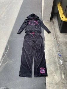 Y2k Hello Kitty Pink Black Embroidered Tracksuit Jacket & Bottoms Girls XL14/16 - Picture 1 of 9