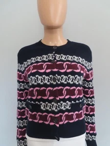 CHANEL 23B Navy/Pink/Burgundy Chain/Logo Stripe Cardigan Sweater F 38/US 6 - Picture 1 of 17