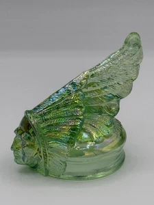 Guernsey Green Carnival Glass Paperweight Indian Chief Head Pontiac Hood Orn. - Picture 1 of 10